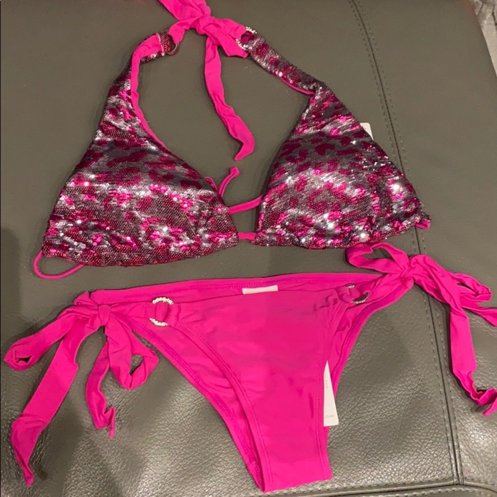 NWT Bahimi L top/S bottom Hot pink sequin bikini